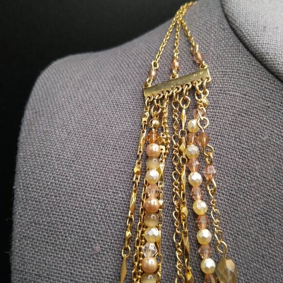 Multistrand Topaz Faux Pearl Gold Necklace, 9 Strands, Layering, 16 Inches - Picture 3 of 13